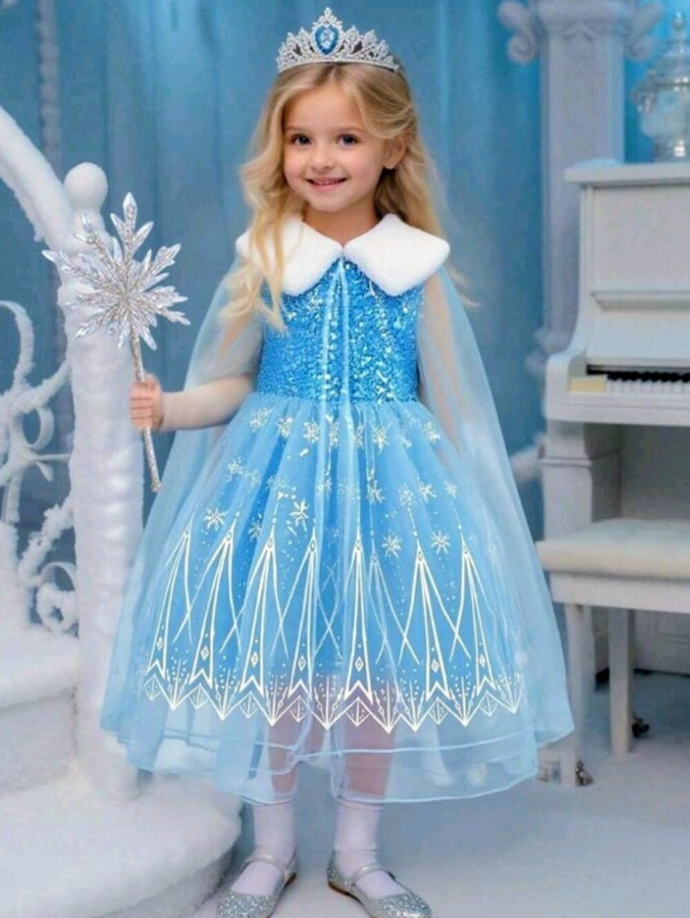 Girls Blue Princess Snow Queen Costume Dress with Cape